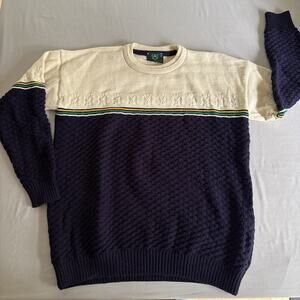 Vintage Emerald Isle Stripe Navy Green Cream Knit Crewneck Sweater Winter Medium